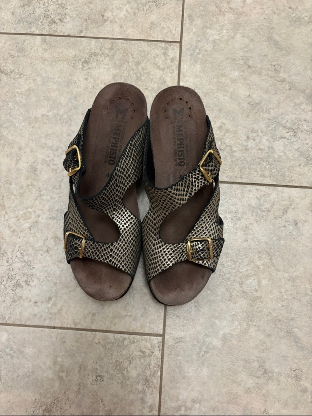 Mephisto Women’s Metallic Snake-Print Slide Sandals in Gold